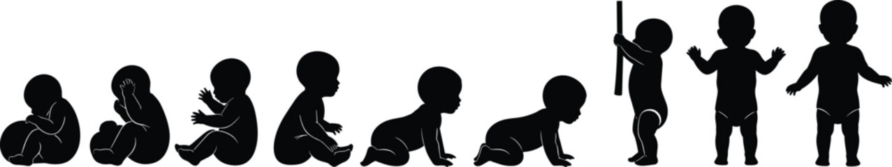 Silhouette Vector Illustrating Baby Development Stages from Sitting and Crawling to Standing, Walking, and Early Movement