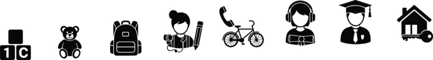 Silhouette Vector Icons Depicting Education and Personal Growth from Early Childhood to Graduation and Independent Adulthood