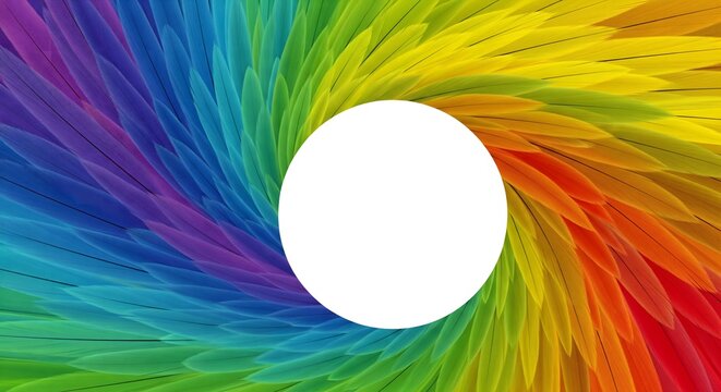 Vibrant rainbow feathers swirling around a blank white circle invite creativity and imagination for your next design project, with space for text
