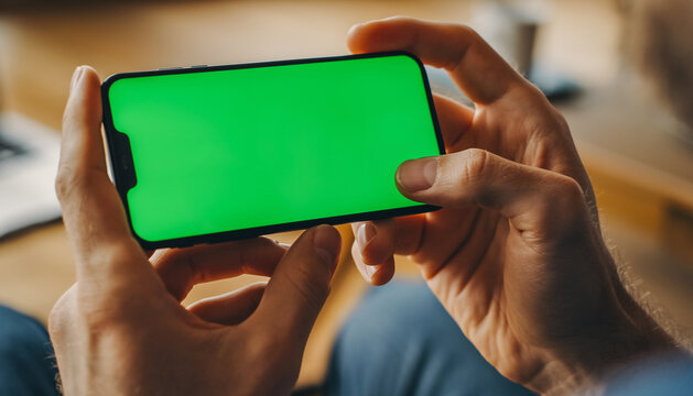 Close up shot of guy using his horizontal smart phone with mock up green screen at night, using various gestures while watching a video
