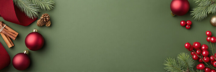 Festive christmas flatlay with red ornaments pinecone cinnamon and evergreen sprigs