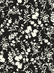 Romantic floral print with wildflowers sketch. Seamless pattern, gentle botanical background with various small flowers. Vector illustration.