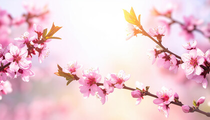 Pink cherry blossoms in full bloom on branches against soft, sunlit background create serene and uplifting atmosphere. delicate petals and vibrant colors evoke sense of renewal and beauty