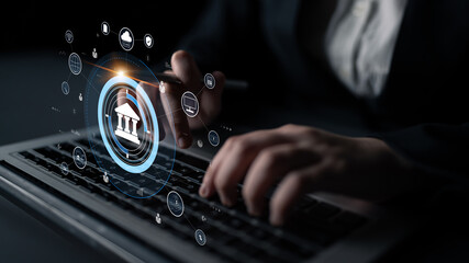 A global FinTech and digital banking network technology concept. A central financial system connected to the worldwide digital economy and services. Motif