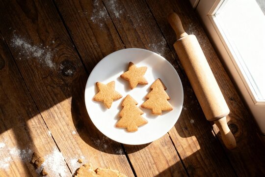 Homemade Christmas gingerbread cookies in star and tree shapes on a plate on a rustic wooden table with flour, generative AI - Powered by Adobe