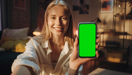 shot of Cheerful young woman presenting a smartphone with a green screen, ideal for copy-space. Selective focus on phone for technology and app design mockups