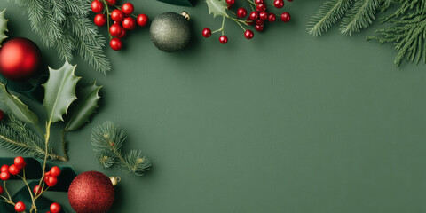 Christmas evergreen pine branch holly berry red ornament green ornament festive wreath