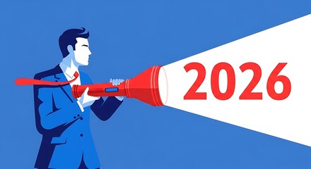 Man with megaphone announcing the year 2026