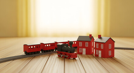 Toy house building model on a wooden floor background with vintage railway design