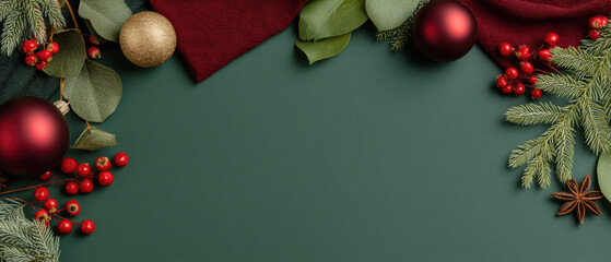 Christmas green background with red ornaments fir branches berries and festive fabric
