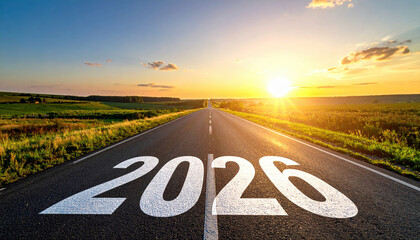 Long, straight road stretches into horizon with 2026 painted on asphalt, symbolizing journey towards future. sun sets in background, casting warm glow over landscape