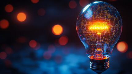 Creative light bulb glowing in digital circuitry with glowing orbs in the background during nighttime in an artistic setting
