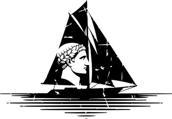 Majestic sailboat silhouette features classical profile portrait, evoking ancient journeys and timeless adventure across stylized waters © TOP-EDGE DESIGNS
