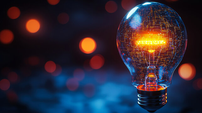 Creative light bulb glowing in digital circuitry with glowing orbs in the background during nighttime in an artistic setting