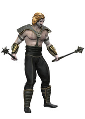 Obraz premium Warrior stands wielding spiked maces in both hands. He wears detailed armor on shoulders, forearms, and legs, with a muscular build and long, embodying strength and combat readiness. 3D Illustration