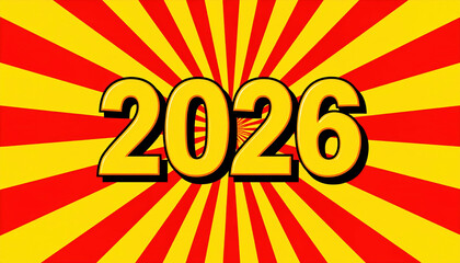 Bold yellow 2026 text with red and yellow radial burst background creates dynamic and energetic visual. design conveys excitement and anticipation for year 2026