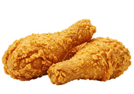 Three crispy, golden-brown fried chicken pieces (drumstick, thigh) with textured batter and seasoning, perfectly cooked, on white background with copy space, concept for fast-food advertising