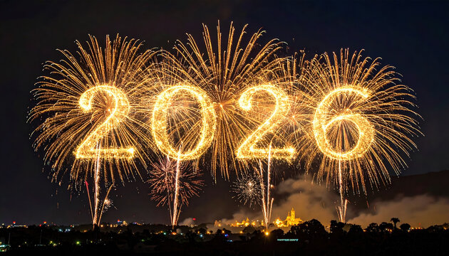Fireworks display with number 2026 illuminating night sky, celebrating new year with vibrant colors and excitement. scene captures joy and anticipation of future possibilities