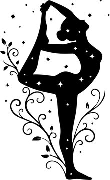 Graceful dancer striking a celestial pose adorned with swirling vines and twinkling stars, embodying harmony and strength