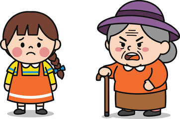 Cartoon girl and elderly woman, emotional expressions, vector illustration, storytelling art, family conflict, kids character design, generational theme