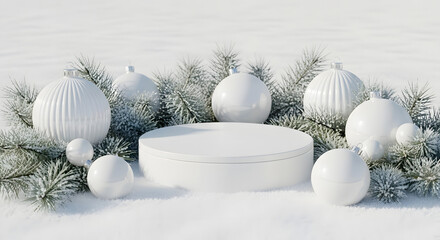 Shiny silver Christmas balls decoration on winter snow background with holiday season fir branch ornament