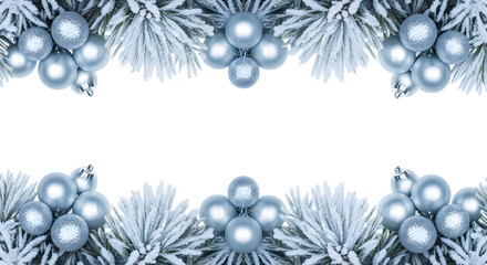 Blue Christmas background with pine branches, snow, and decorative baubles, a winter holiday celebration card