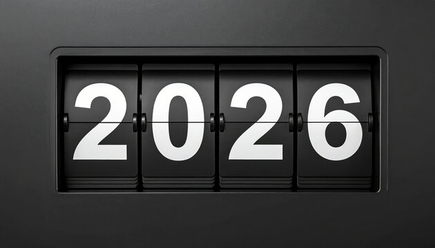 Black mechanical flip clock displays year 2026, symbolizing passage of time and future anticipation. design is sleek and modern, evoking sense of countdown and change - Powered by Adobe