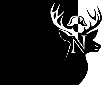 Elegant stag silhouette with regal bicorne hat and monogram emblem, symbolizing heritage and luxury for sophisticated branding and design projects.