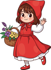 Cartoon girl, red hood, flower basket, smiling face, waving hand, fairy tale theme, vector art, children character, cheerful design, white background