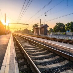 Fototapeta premium Railway tracks stretching into the distance at sunset, with small station