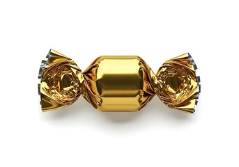 Single golden wrapped candy on a white background