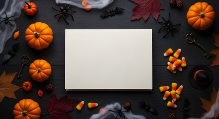 Halloween flat lay with festive decorations and blank paper for seasonal message.