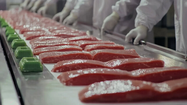 Meat processing in a commercial facility during daylight, workers in uniforms handling fresh cuts