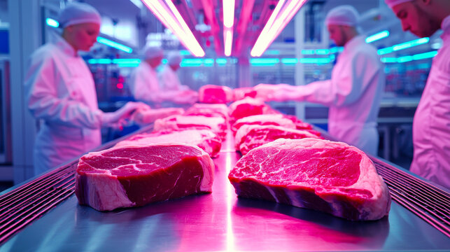 High-tech meat processing facility showcasing freshly cut steaks under bright blue lighting