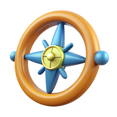Whimsical 3d illustration of a stylized compass with a bright orange ring and a blue star shaped needle on a white background