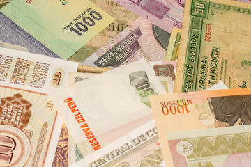 Old banknotes scattered. Close-up.