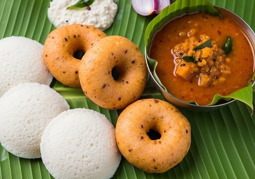 South indian breakfast assortment with idli vada and sambar