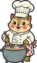Adorable cat chef cooking soup in a large pot cartoon illustration. This culinary animal design is suitable for kitchen menus or food branding.