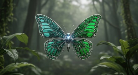 Futuristic Butterfly Robot With Intricate Circuitry Wings Against Forest Background Merging Natural Form and Advanced Technology Biomechatronics Design Artificial Insect