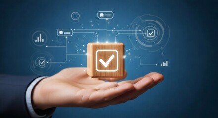 Data-Driven decision making. Hand presenting checkmark block with structured digital decision map for efficient business choices