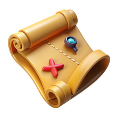 Stylized 3d treasure map with a red cross marking the spot and a glowing blue gem indicating a hidden treasure location