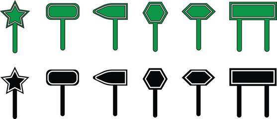 Road Sign Black and green Flat Style Icon Set Collection Group with Various Blank Direction Board Shapes and Synonym Design Elements for Navigation, Guidance, Street Signal Vector