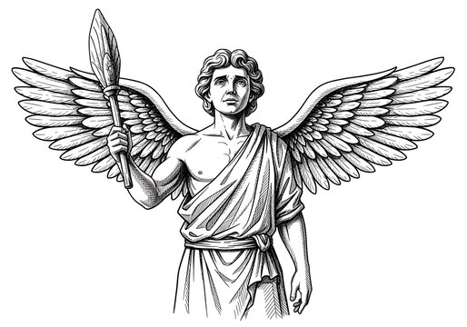 Line drawing of a winged angel holding a spear
