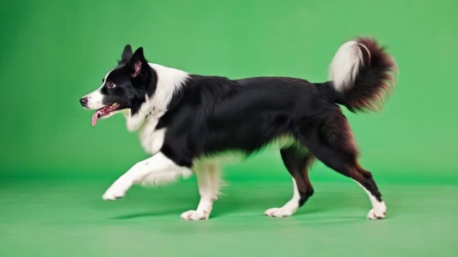Border collie dog running with its tongue out on a green background in a studio setting dog green screen video