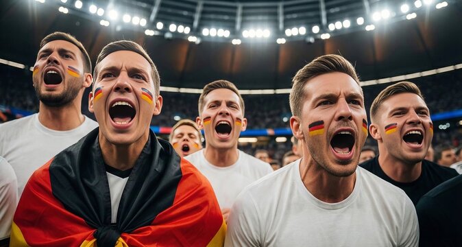 Excited fans cheering for their team during a crucial match in a packed stadium filled with energy