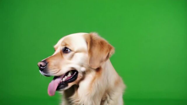 Close up of a golden retriever dog with tongue out against a green screen background looking at the camera dog green screen video