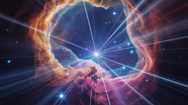 Colorful cosmic nebula with bright starburst light in deep outer space