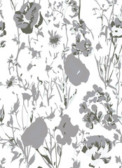 Romantic floral print with wildflowers sketch. Seamless pattern, gentle botanical background with various small flowers. Vector illustration.