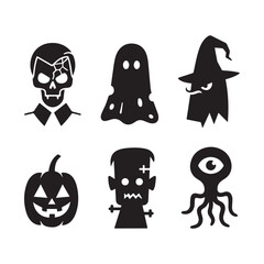 Collection of spooky Halloween character icons including monsters and a pumpkin. 
