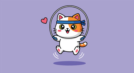 Adorable cartoon cat with blue headband happily jumping rope for exercise.
